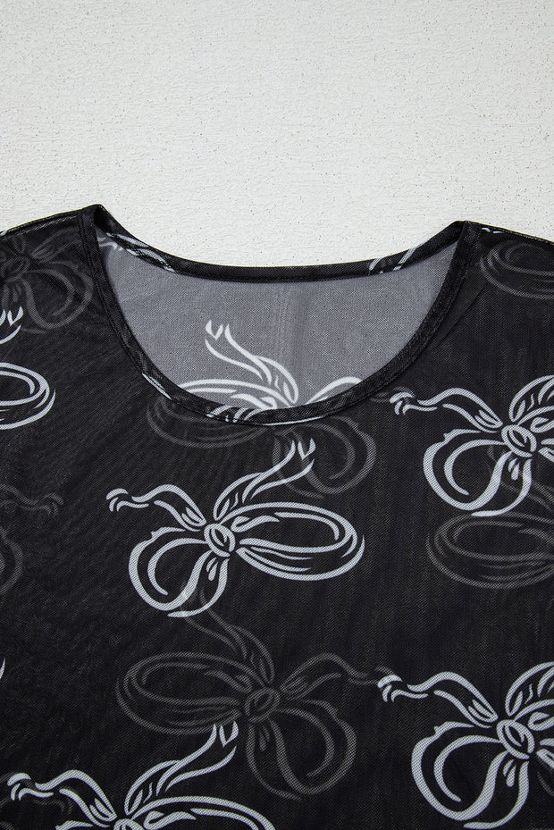 Black Round Neck Bow Print Long Sleeve Mesh Top