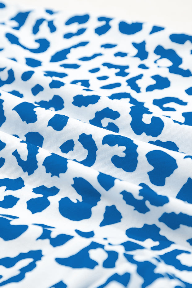 Blue Leopard Elastic Waist Lace up Contrast Trim Casual Shorts