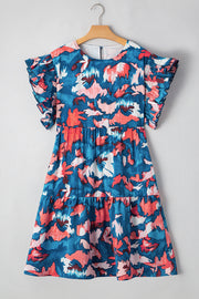 Blue Abstract Print Shirred Ruffled Short Sleeve Tiered Plus Size Mini Dress