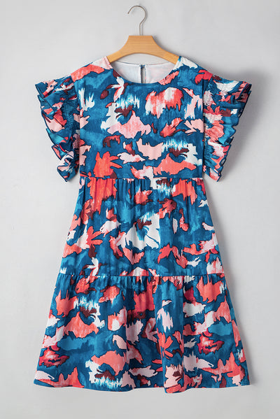 Blue Abstract Print Shirred Ruffled Short Sleeve Tiered Plus Size Mini Dress