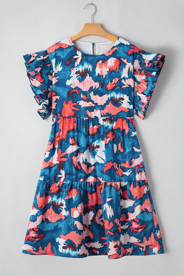 Blue Abstract Print Shirred Ruffled Short Sleeve Tiered Plus Size Mini Dress