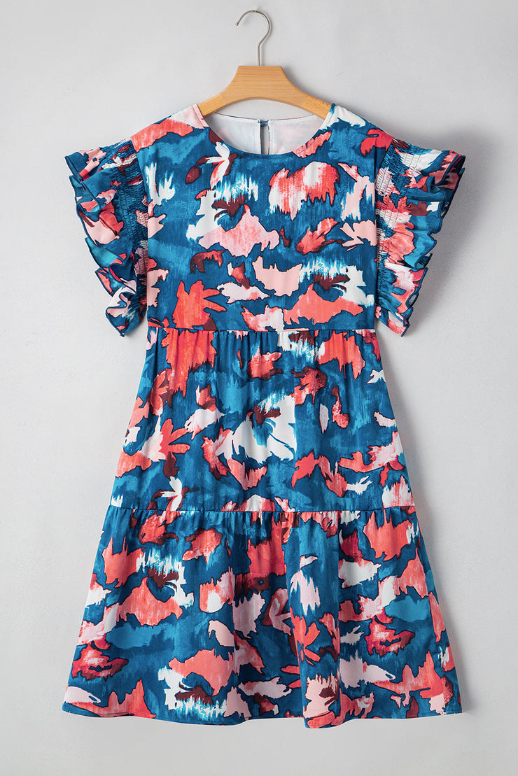 Blue Abstract Print Shirred Ruffled Short Sleeve Tiered Plus Size Mini Dress