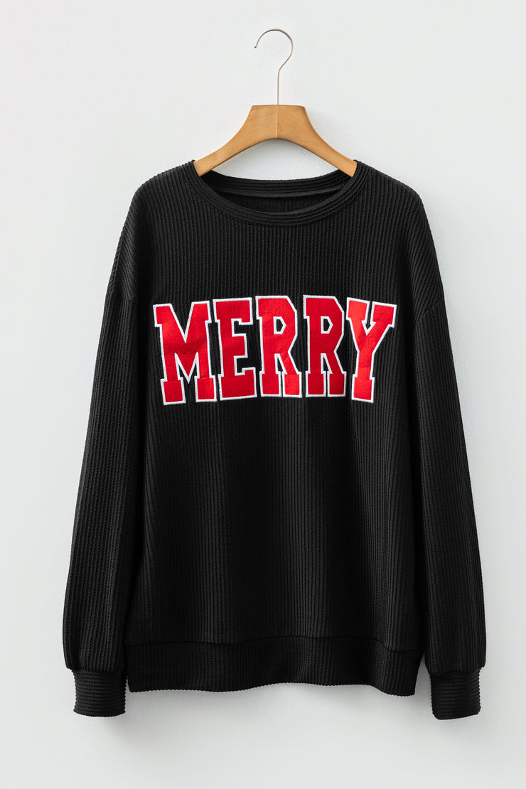 Black Twisted Rib Outlined Merry Letter Graphic Loose Long Sleeve Top