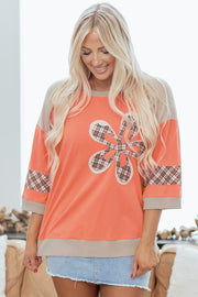 Grapefruit Orange Plaid Waffle Flower Patchwork Bracelet Sleeve Top