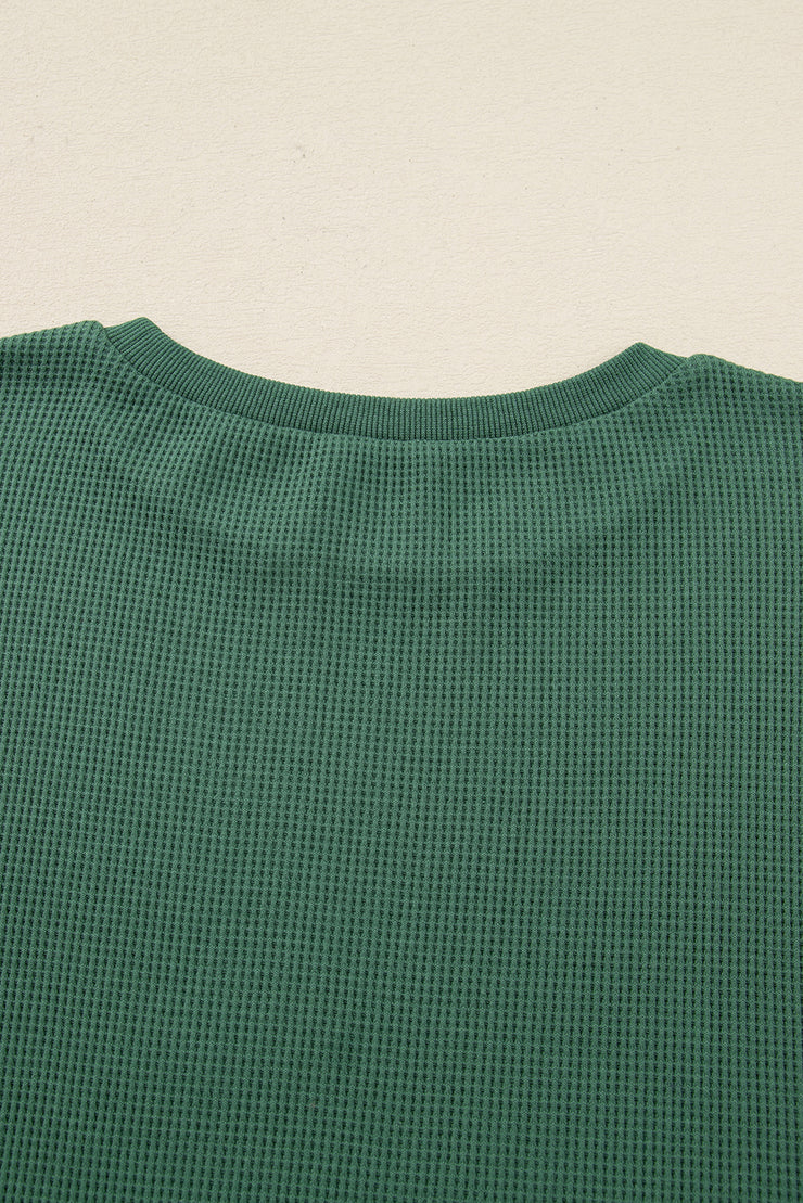 Evergreen Solid Color Raw Seam Patchwork Ribbed Drop Shoulder Sweatshirt