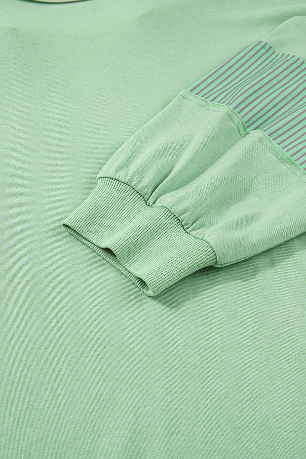 Moonlight Jade Color Block Striped Patchwork Collar V Neck Plus Size Sweatshirt