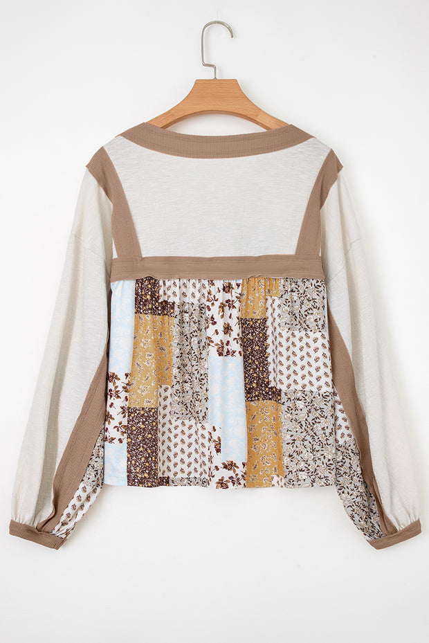 White Floral Printed Contrast Patchwork Long Sleeve Top