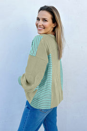 Meadow Mist Green Exposed Seam Waffle Striped Patchwork Baggy Pullover