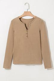 Pale Khaki Long Sleeve Buttons V Neck Slim Fit Top
