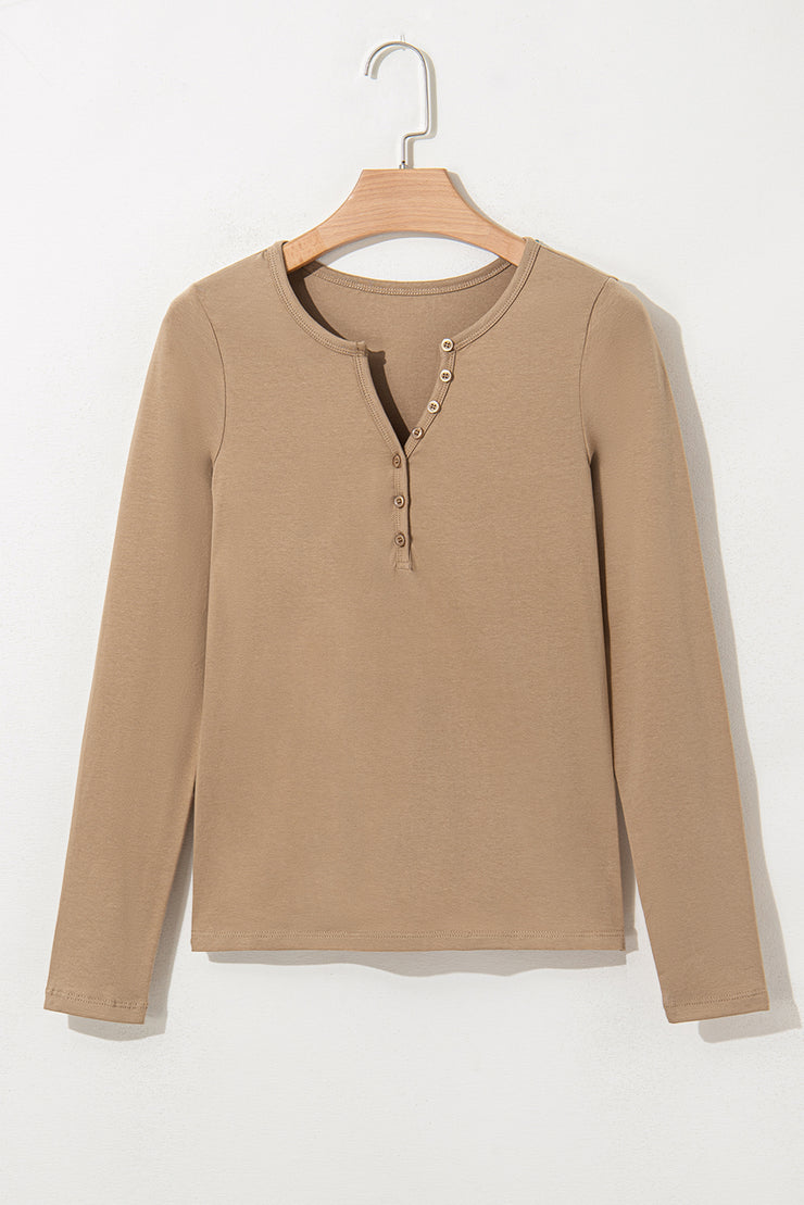 Pale Khaki Long Sleeve Buttons V Neck Slim Fit Top