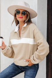 Parchment Fleece Colorblock Patchwork Zipped Neck Pullover Sweatshirt