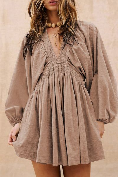 Smoke Gray Deep V Neck Bubble Sleeve Smocked Mini Dress