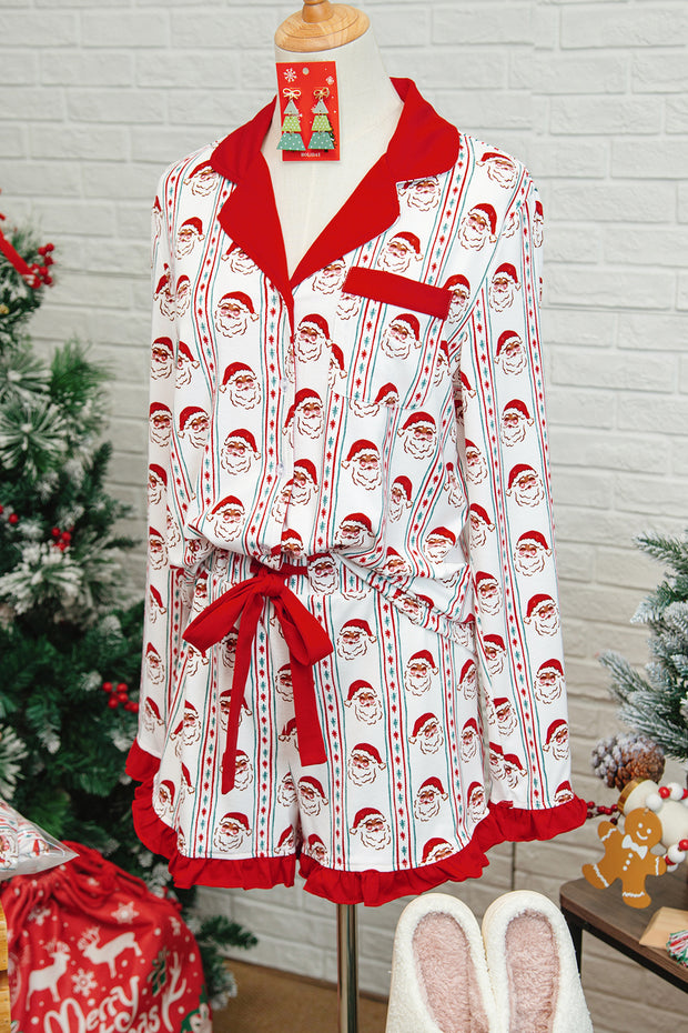 White Santa & Stripes Ruffle PJ Set