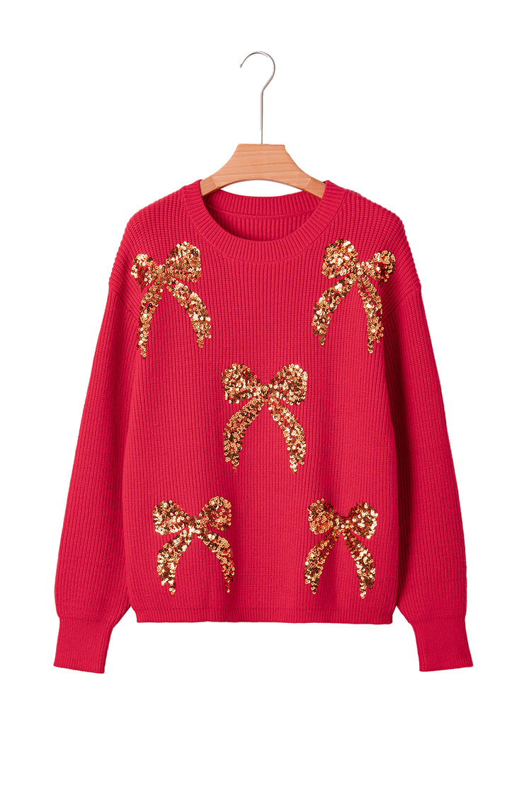 Fiery Red Sequin Bow Accent Drop Shoulder Festive Sweater