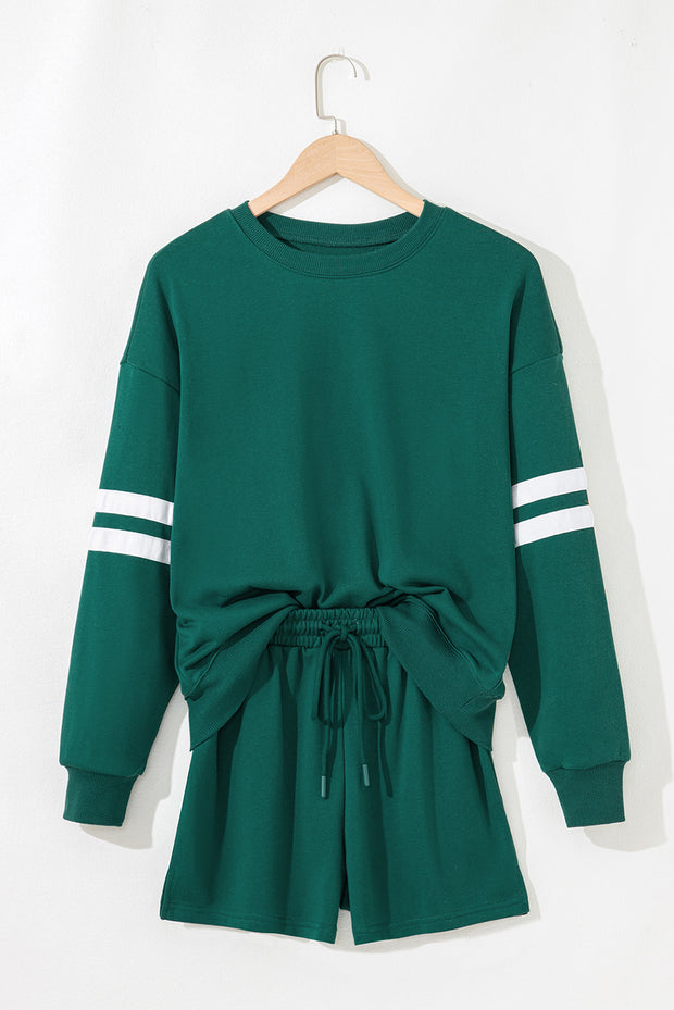 Evergreen Varsity Striped Sleeve Drop Shoulder Sweatshirt and Short Set