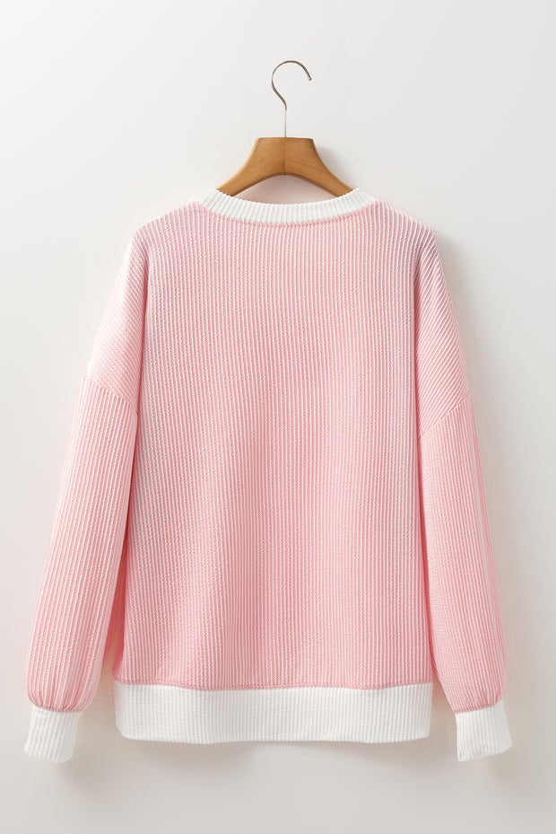 Peach Blossom Corded Colorblock Drop Shoulder Loose Top