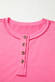 Bright Pink Plus Size Henley Drop Shoulder Pullover and Jogger Pants Two Piece Set