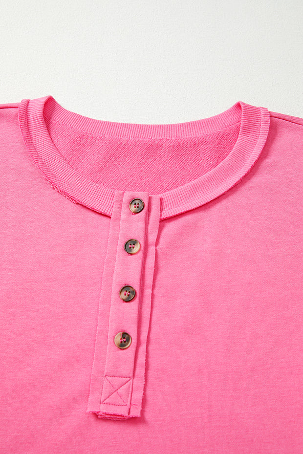 Bright Pink Plus Size Henley Drop Shoulder Pullover and Jogger Pants Two Piece Set