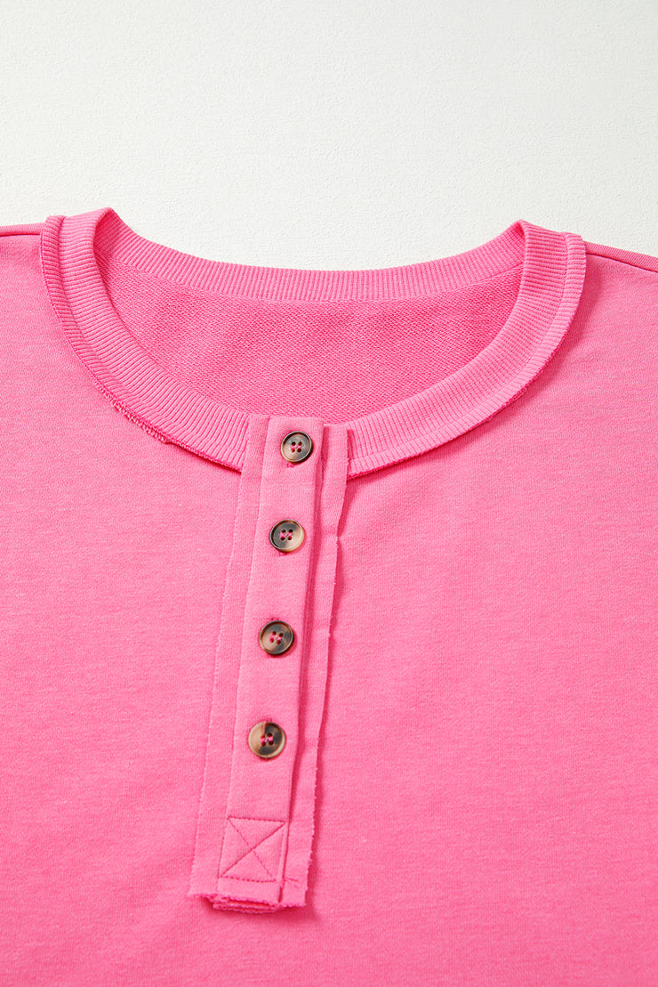 Bright Pink Plus Size Henley Drop Shoulder Pullover and Jogger Pants Two Piece Set