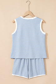 Myosotis Contrast Trim Striped Vest Drawstring Shorts Set
