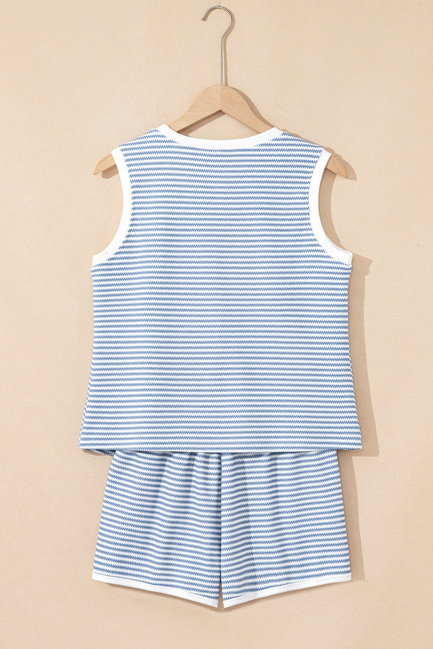 Myosotis Contrast Trim Striped Vest Drawstring Shorts Set
