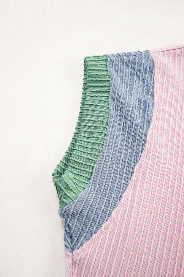 Light Pink Colorblock Corded Short Sleeve Boxy Top and Shorts Set