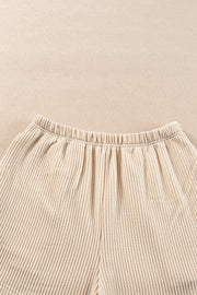 Parchment Corded Knit Long Sleeve Top and High Waist Shorts Set