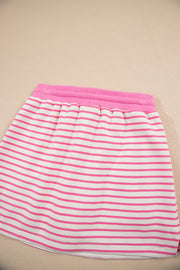 Pink Stripe Collared V Neck Drop Shoulder Pullover and Skort 2pcs Outfit