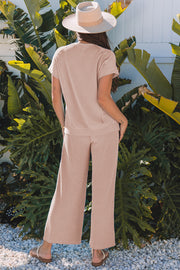 Smoke Gray Solid Corded Knit Short Sleeve T Shirt and Wide Leg Pants Set