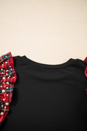 Black Plaid Pearl Ruffle Short Sleeve Loose T Shirt