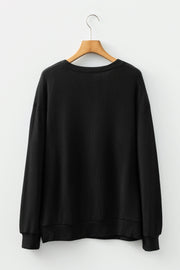 Black Twisted Rib Outlined Merry Letter Graphic Loose Long Sleeve Top