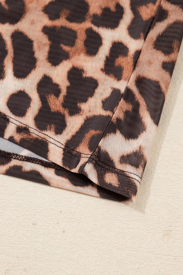 Brown Leopard Mock Neck Long Sleeve Mesh Top