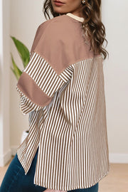 Khaki Stripe Patchwork Bracelet Sleeve Plus Size T Shirt