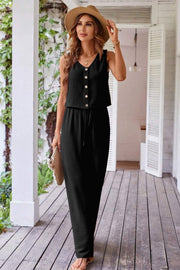 Black Buttoned Vest Drawstring Wide Leg Pants 2pcs Set