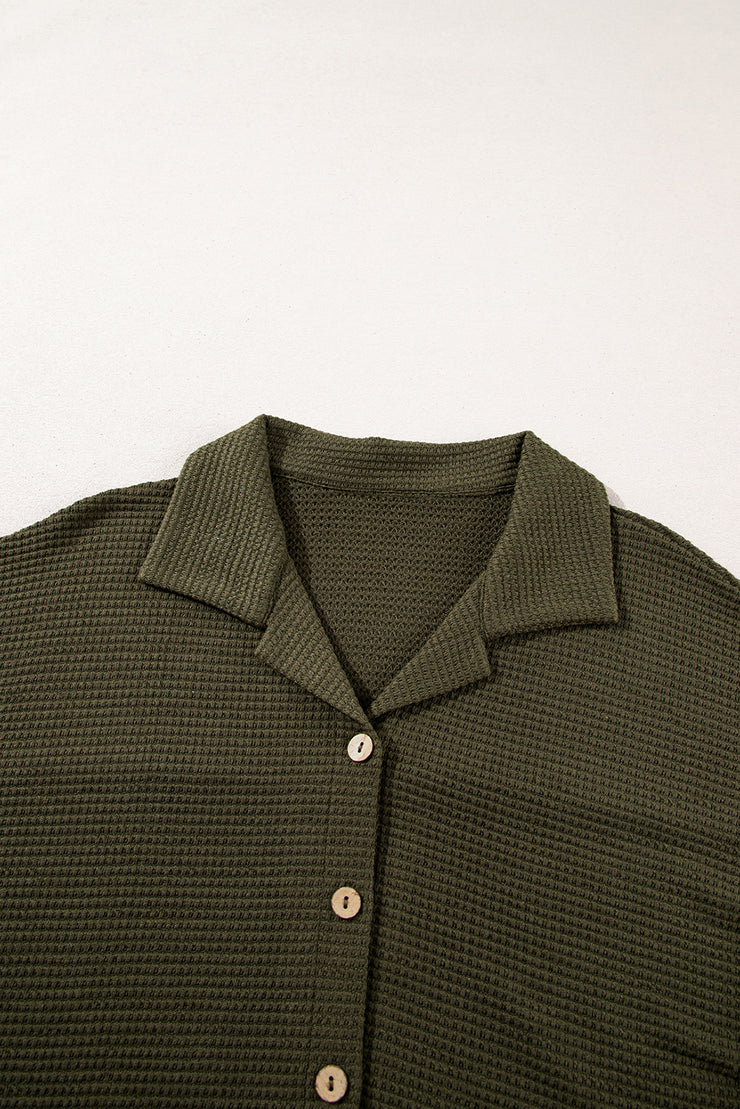 Four Leaf Clover Solid Color Textured Buttoned Shirt and Casual Pants Set