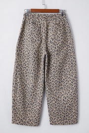 Khaki Leopard Printed Drawstring Waist Pocketed Wide Leg Jeans
