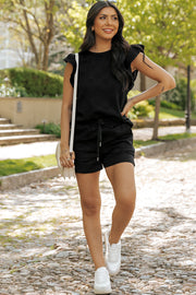 Black Textured Ruffled Sleeve Tee and Drawstring Elastic Waistband Shorts Set