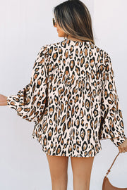 Jet Stream Oversized Leopard Print Balloon Sleeve Casual Shirt