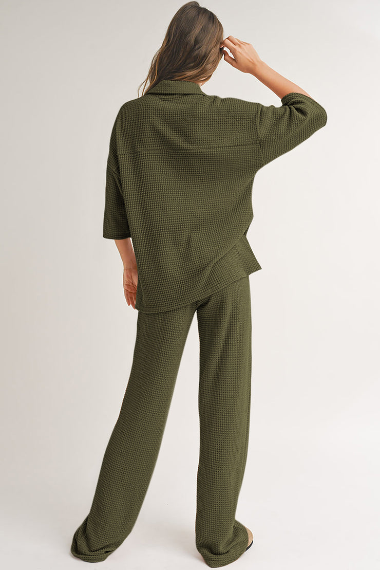 Four Leaf Clover Solid Color Textured Buttoned Shirt and Casual Pants Set