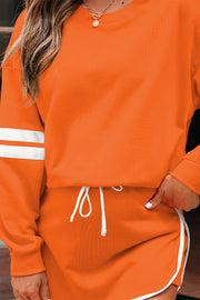 Orange Varsity Stripe Detail Drop Shoulder Pullover Mini Skirt Set