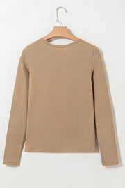 Pale Khaki Long Sleeve Buttons V Neck Slim Fit Top