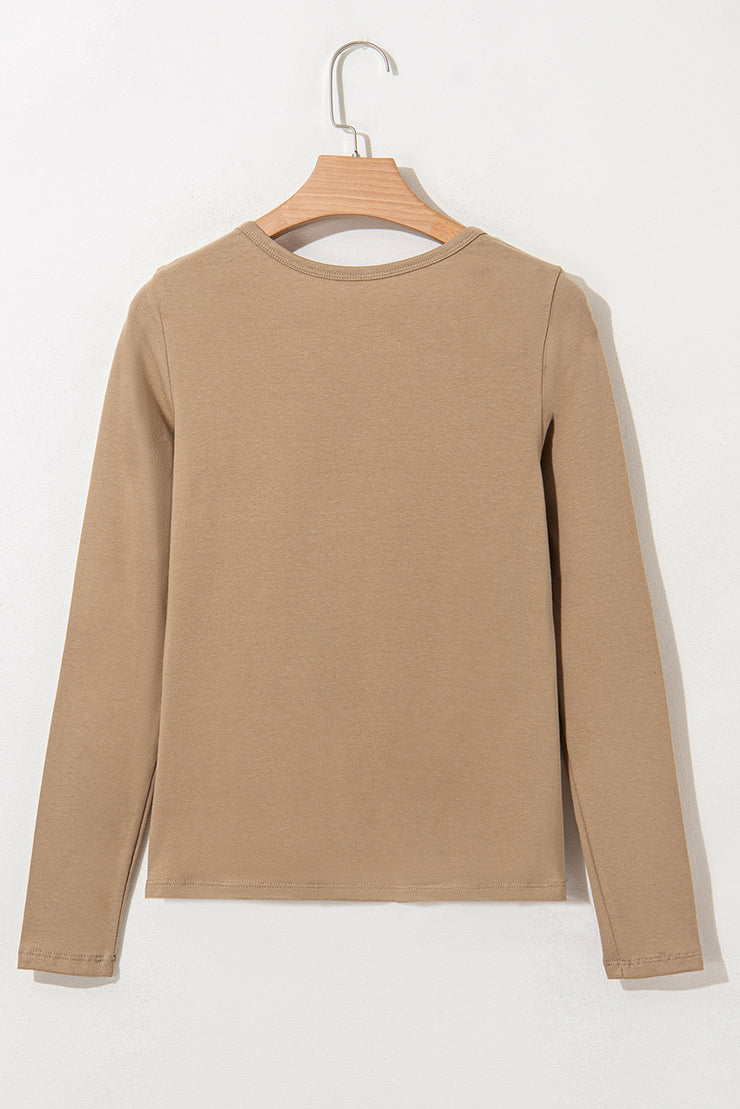 Pale Khaki Long Sleeve Buttons V Neck Slim Fit Top