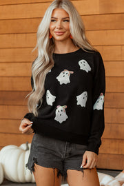 Black Sequin Cute Bow Ghost Graphic Crew Neck Halloween Sweatshirt
