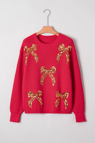 Fiery Red Sequin Bow Accent Drop Shoulder Festive Sweater