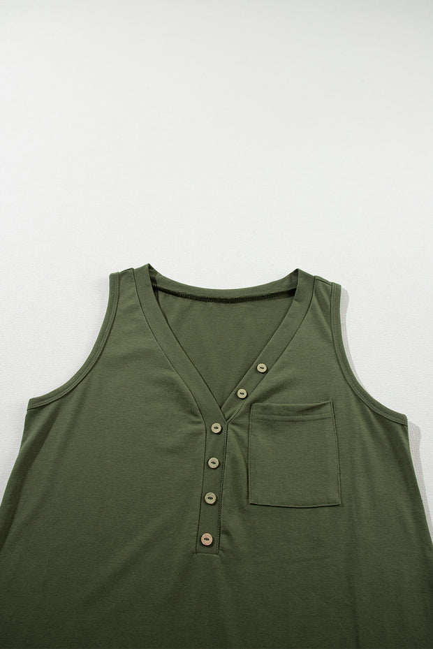 Jungle Green Half Button V Neck Patched Pocket Tank Top