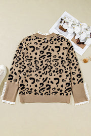 Brown Leopard Knitted Lacy Trim Cuffed Plus Size Sweater