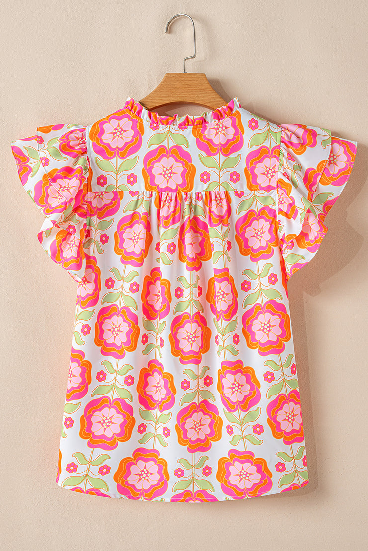 Rose Floral Ruffled Sleeve Ric-rac Trim Split Neck Loose Blouse