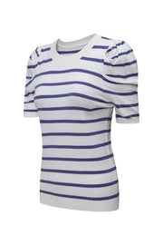 Blue Stripe Ribbed Trim Round Neck Bubble Sleeve Knitted Top