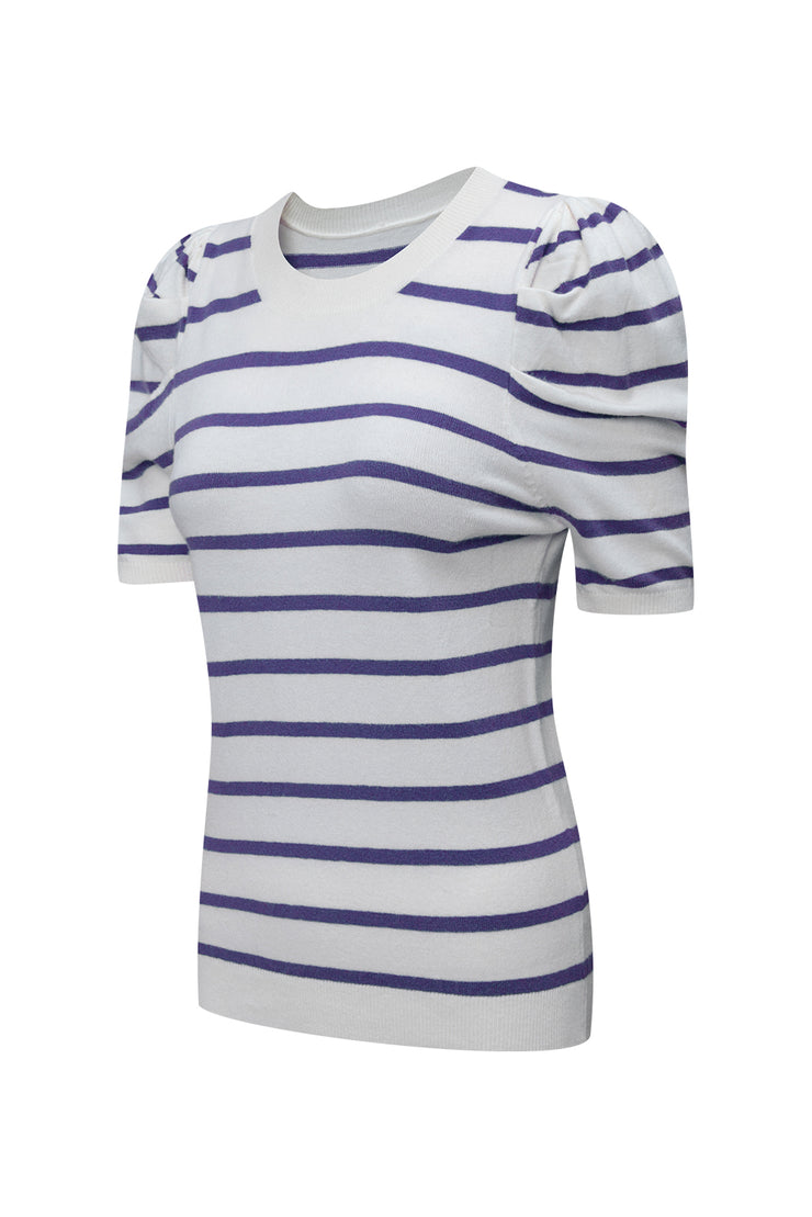 Blue Stripe Ribbed Trim Round Neck Bubble Sleeve Knitted Top