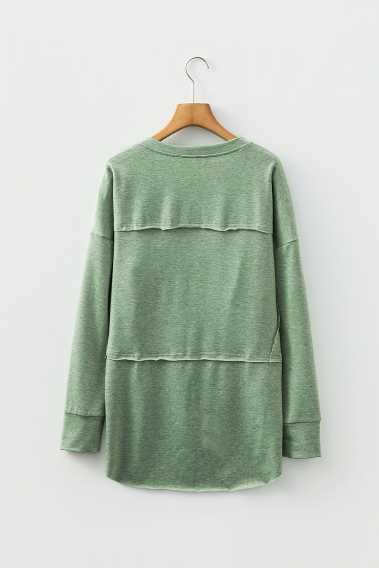 Smoke Green Notched Neck Terry Raw Hem Long Sleeve Top